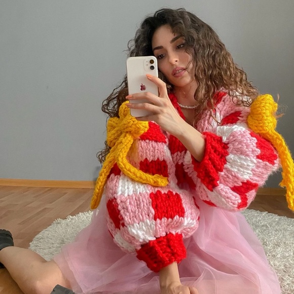 Handmade Gingham Oversized Cardigan, Crop Colossal Knit with Ribbon Details - Picture 5 of 14